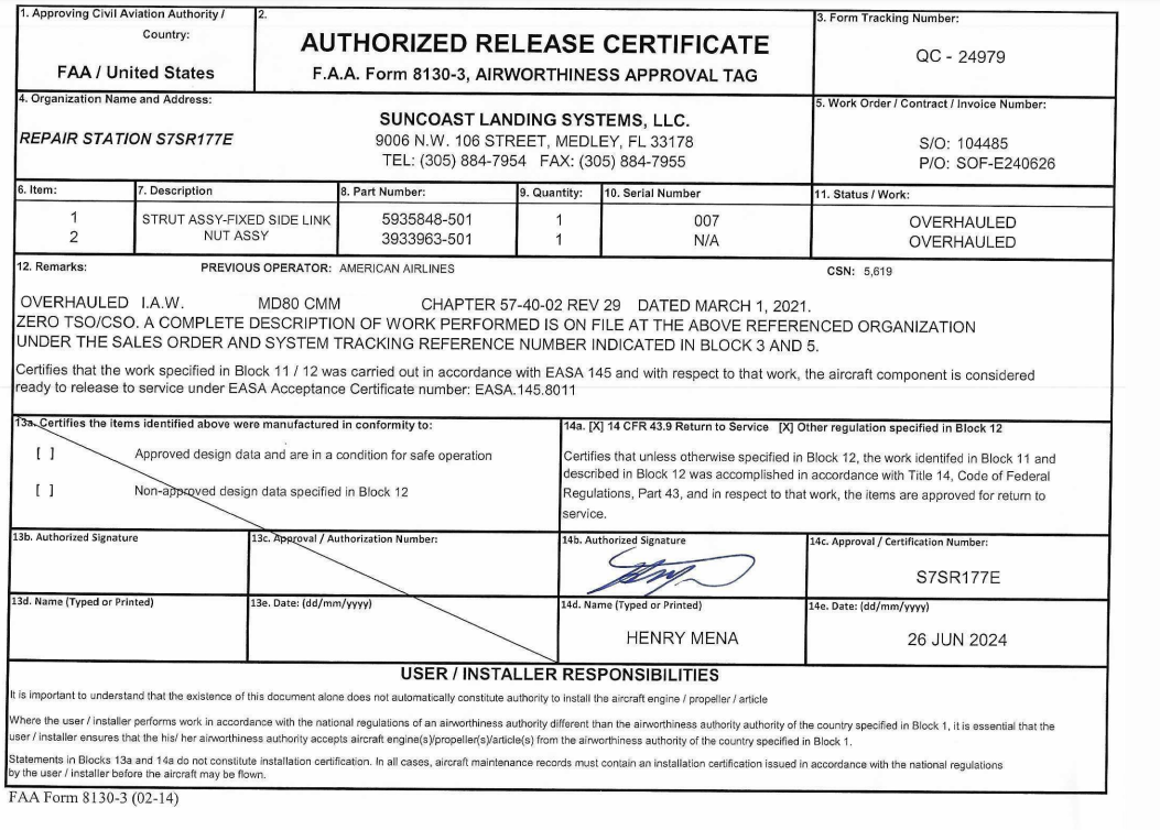 2x 5935848-501 - Landing Gear Strut - MD82 (including 3933963-501)