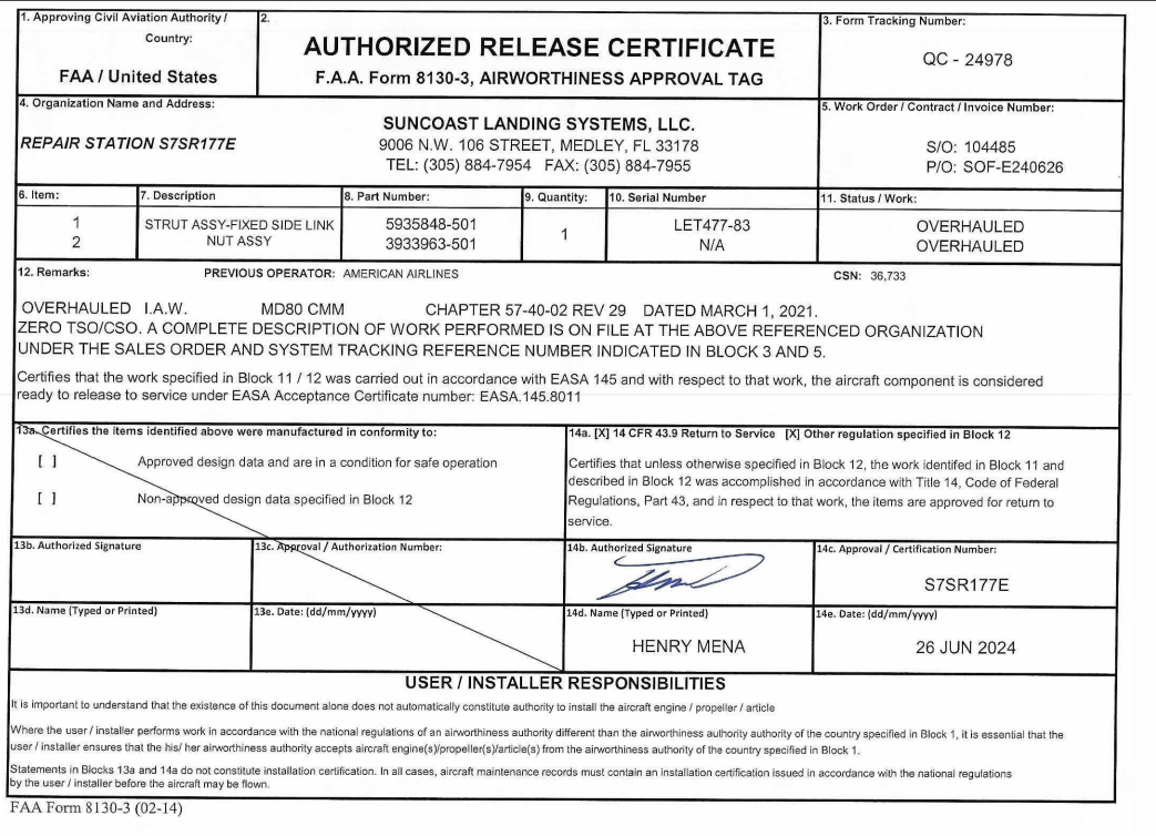 2x 5935848-501 - Landing Gear Strut - MD82 (including 3933963-501) - Image 2